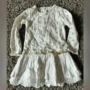 Catamini Gold Metallic Leaves LS White Drop Waist Dress